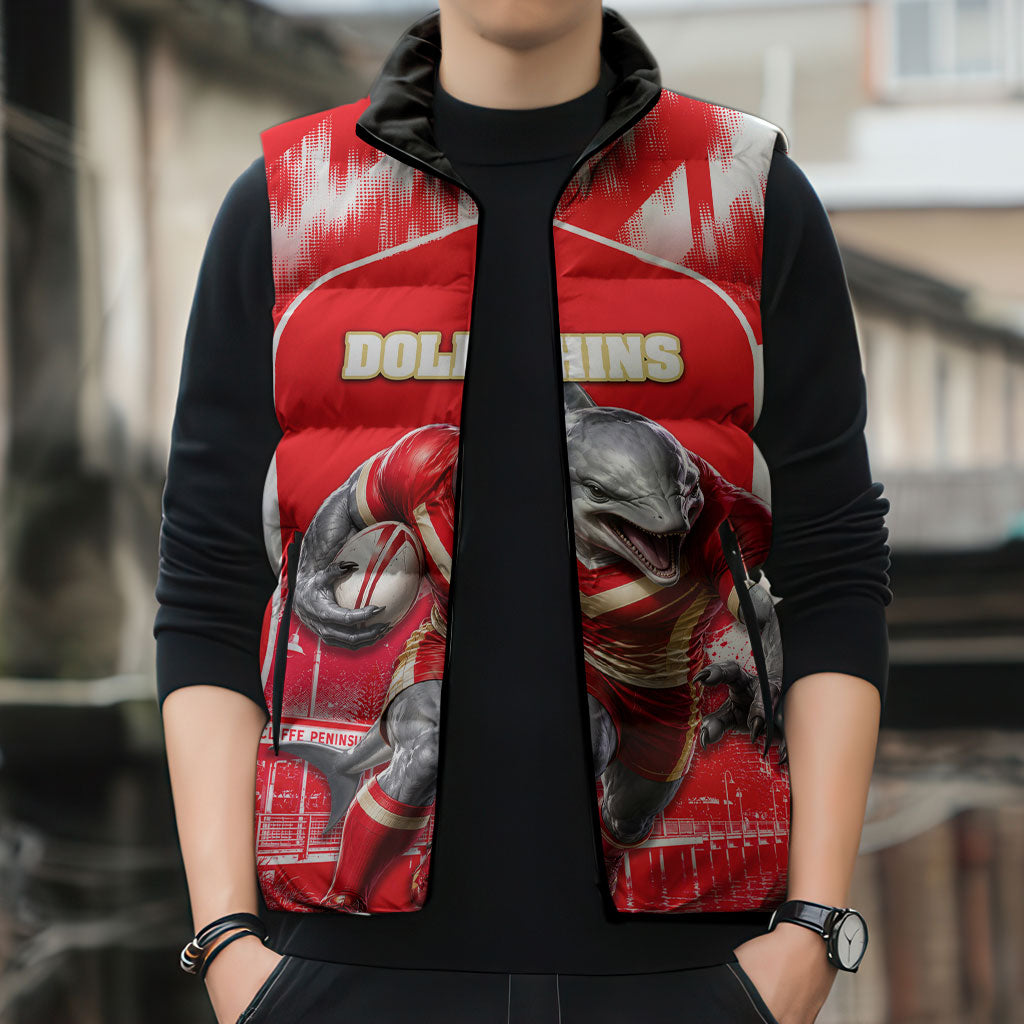 Personalised Dolphins Mascot Rugby Sleeveless Puffer Jacket Redcliffe Peninsula Athletic Graphic Print