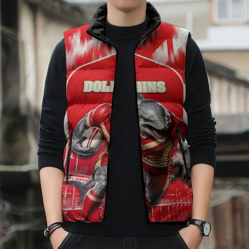 Personalised Dolphins Mascot Rugby Sleeveless Puffer Jacket Redcliffe Peninsula Athletic Graphic Print