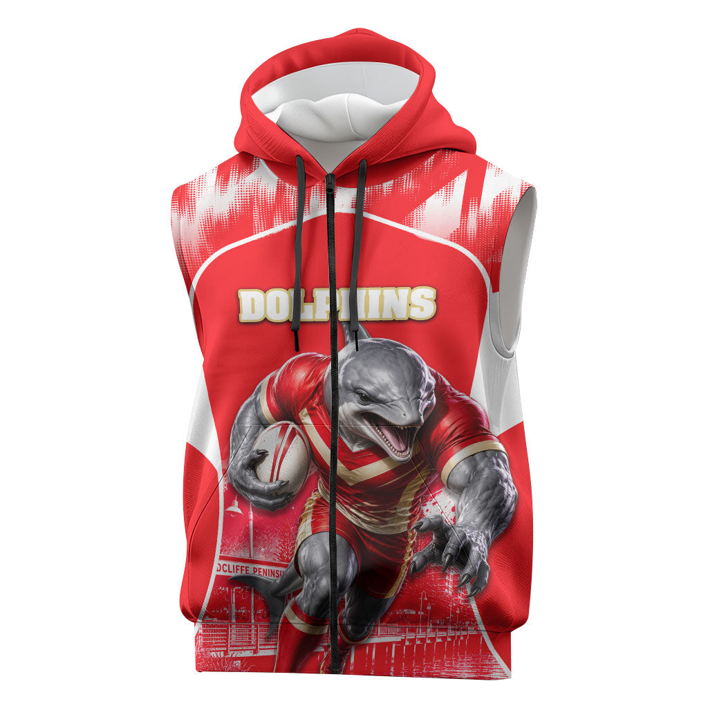 Personalised Dolphins Mascot Rugby Sleeveless Zip Hoodie Redcliffe Peninsula Athletic Graphic Print