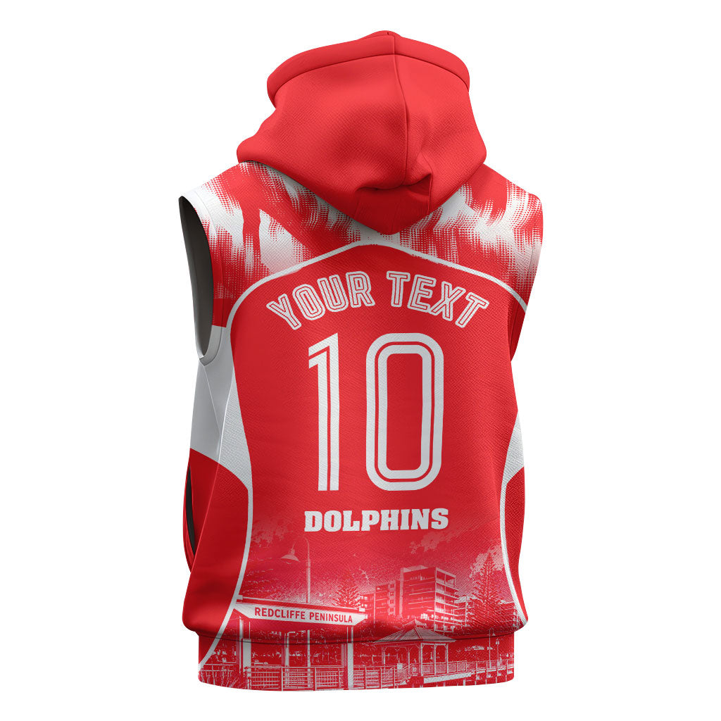 Personalised Dolphins Mascot Rugby Sleeveless Zip Hoodie Redcliffe Peninsula Athletic Graphic Print