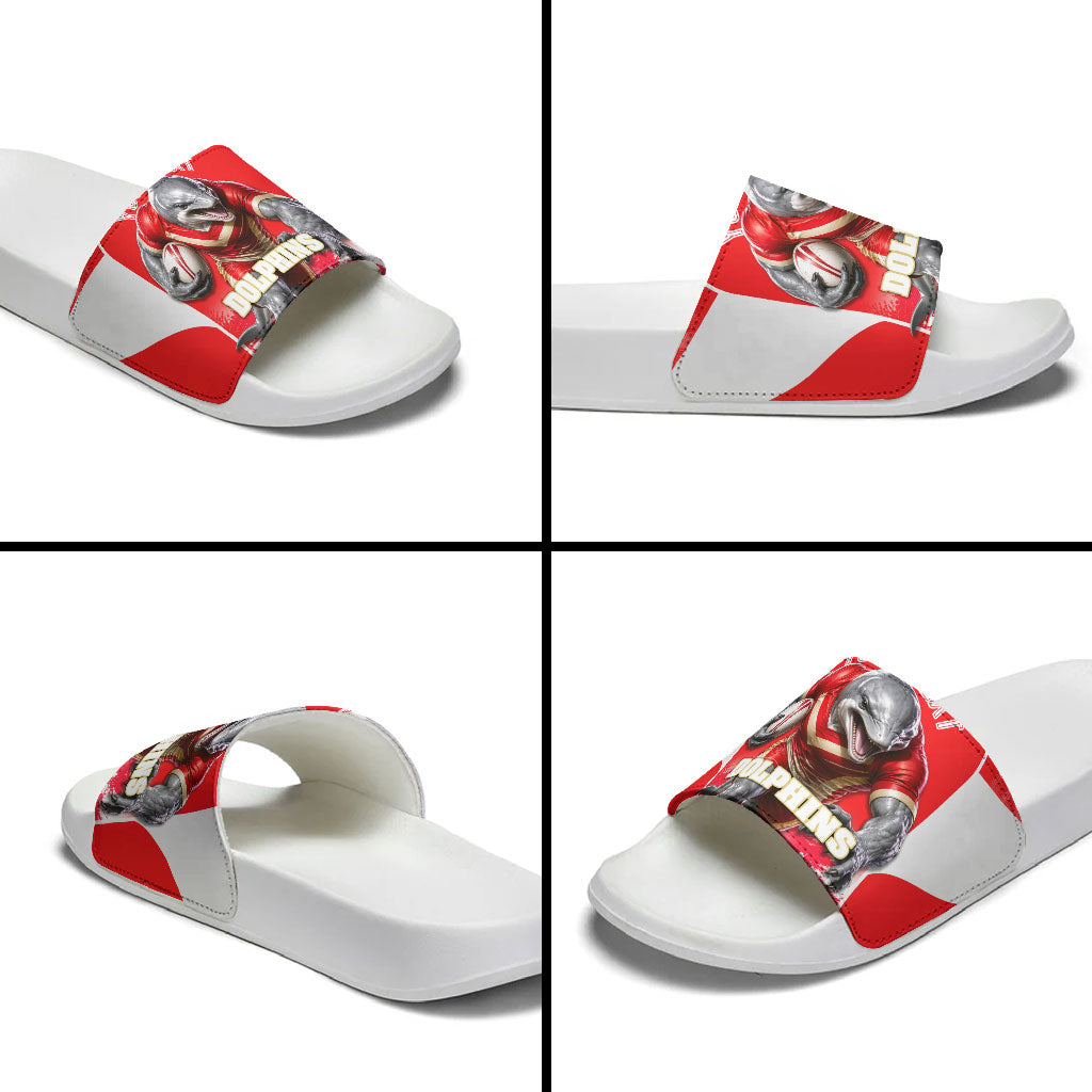 Personalised Dolphins Mascot Rugby Slide Sandals Redcliffe Peninsula Athletic Graphic Print