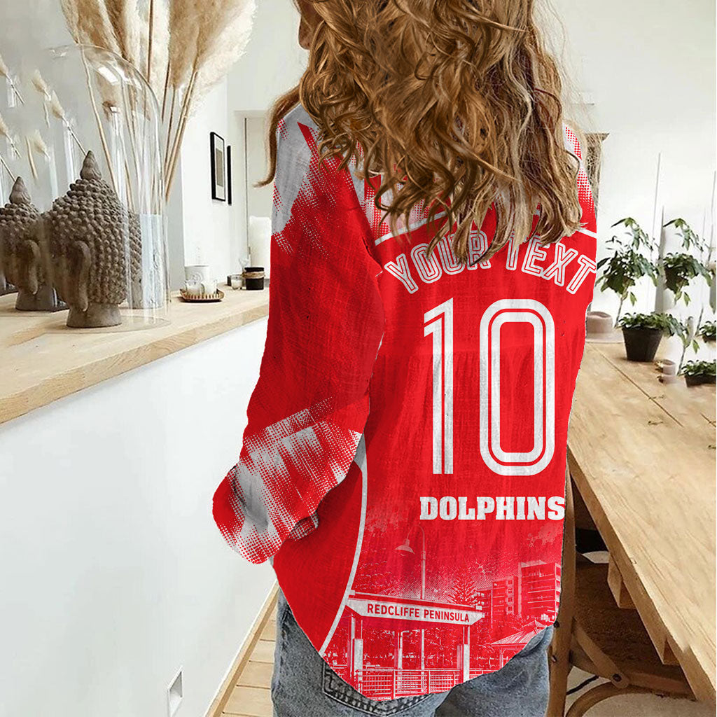 Personalised Dolphins Mascot Rugby Women Casual Shirt Redcliffe Peninsula Athletic Graphic Print