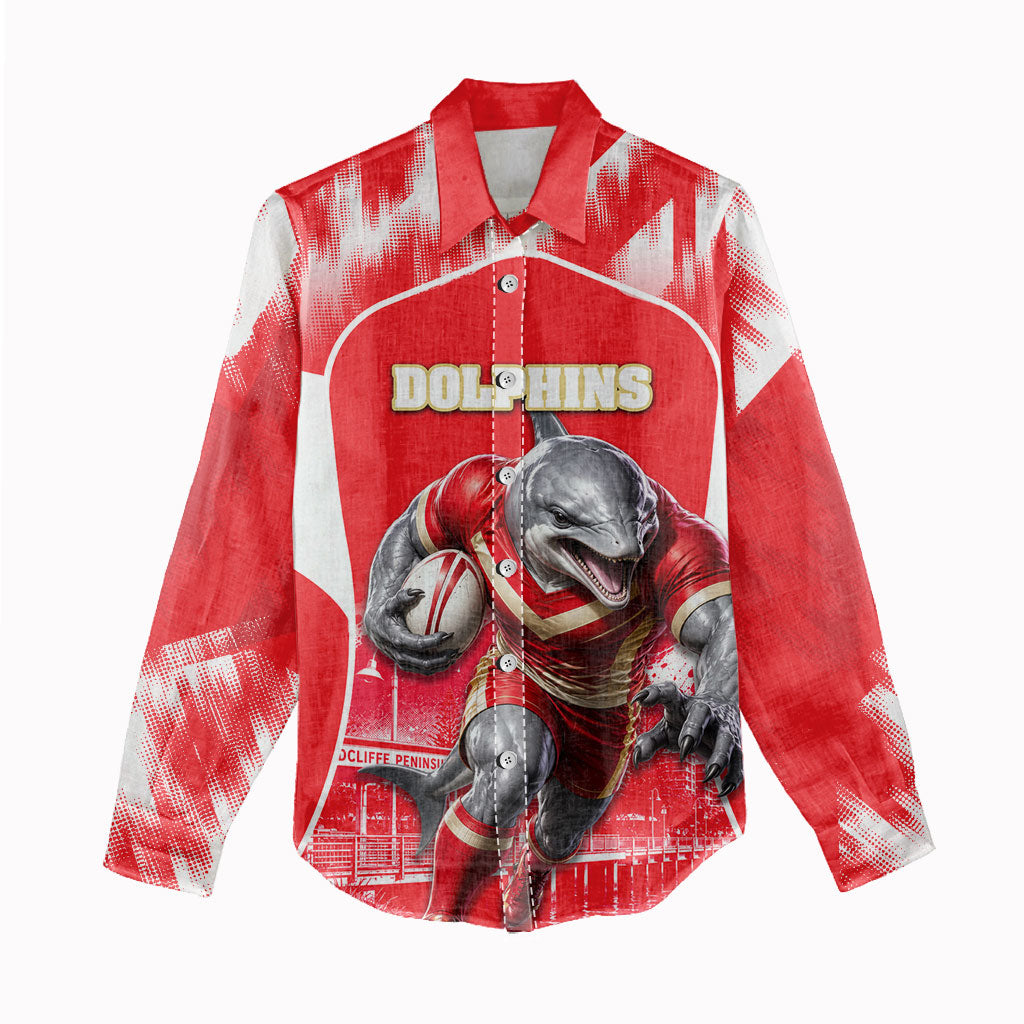 Personalised Dolphins Mascot Rugby Women Casual Shirt Redcliffe Peninsula Athletic Graphic Print