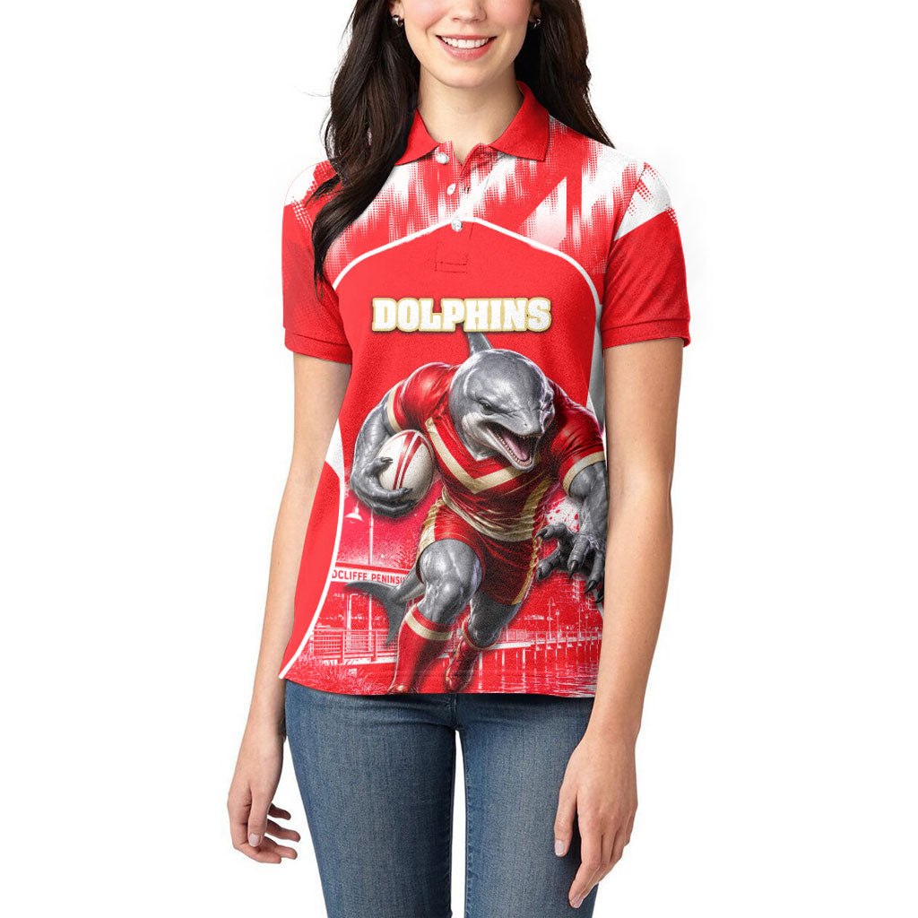 Personalised Dolphins Mascot Rugby Women Polo Shirt Redcliffe Peninsula Athletic Graphic Print
