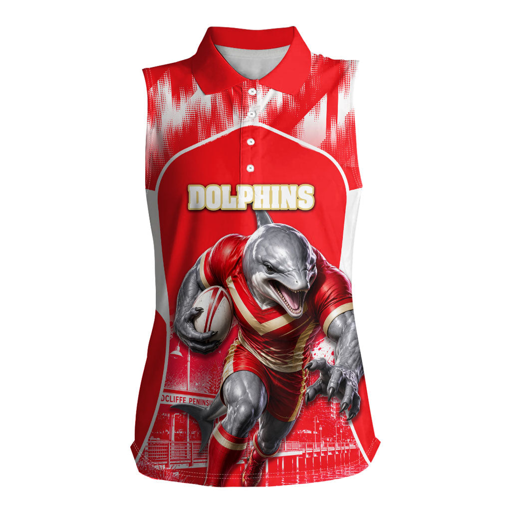 Personalised Dolphins Mascot Rugby Women Sleeveless Polo Shirt Redcliffe Peninsula Athletic Graphic Print