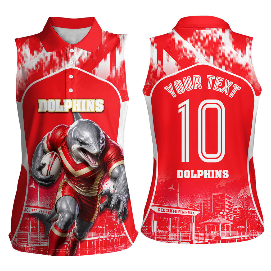 Personalised Dolphins Mascot Rugby Women Sleeveless Polo Shirt Redcliffe Peninsula Athletic Graphic Print