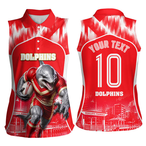 Personalised Dolphins Mascot Rugby Women Sleeveless Polo Shirt Redcliffe Peninsula Athletic Graphic Print