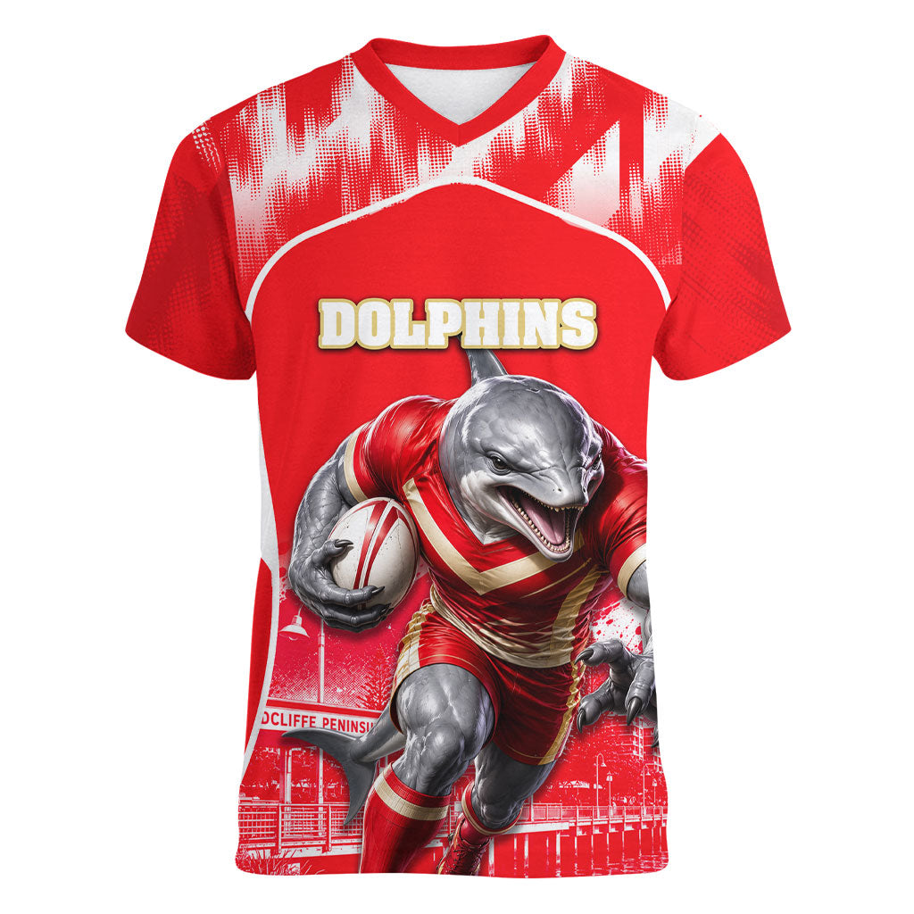 Personalised Dolphins Mascot Rugby Women V-Neck T-Shirt Redcliffe Peninsula Athletic Graphic Print