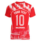 Personalised Dolphins Mascot Rugby Women V-Neck T-Shirt Redcliffe Peninsula Athletic Graphic Print