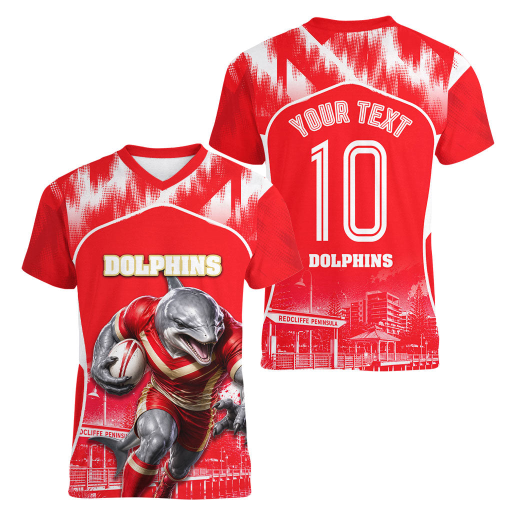 Personalised Dolphins Mascot Rugby Women V-Neck T-Shirt Redcliffe Peninsula Athletic Graphic Print