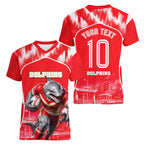 Personalised Dolphins Mascot Rugby Women V-Neck T-Shirt Redcliffe Peninsula Athletic Graphic Print