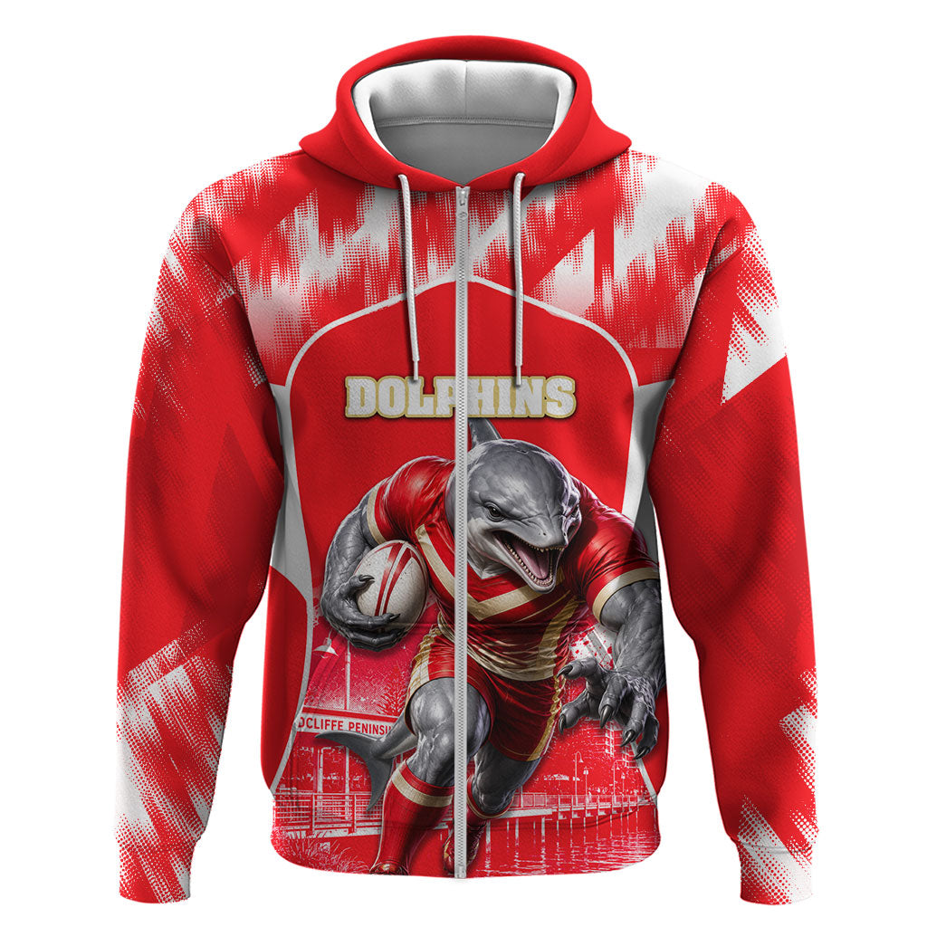 Personalised Dolphins Mascot Rugby Zip Hoodie Redcliffe Peninsula Athletic Graphic Print