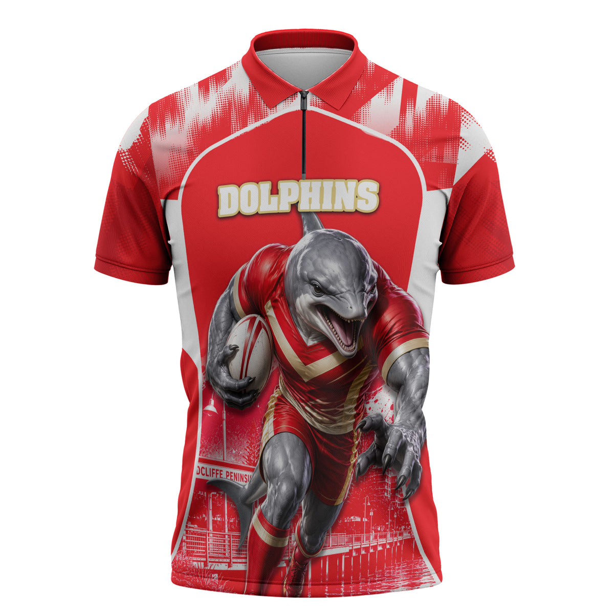 Personalised Dolphins Mascot Rugby Zipper Polo Shirt Redcliffe Peninsula Athletic Graphic Print