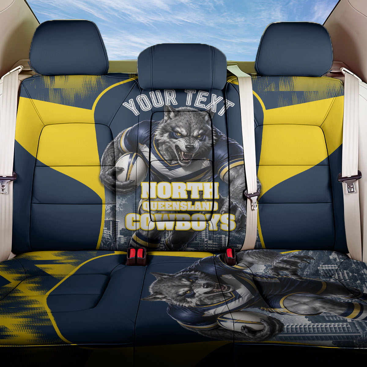 Personalised North Queensland Cowboys Mascot Rugby Back Car Seat Cover Townsville Cityscape Athletic Graphic Print