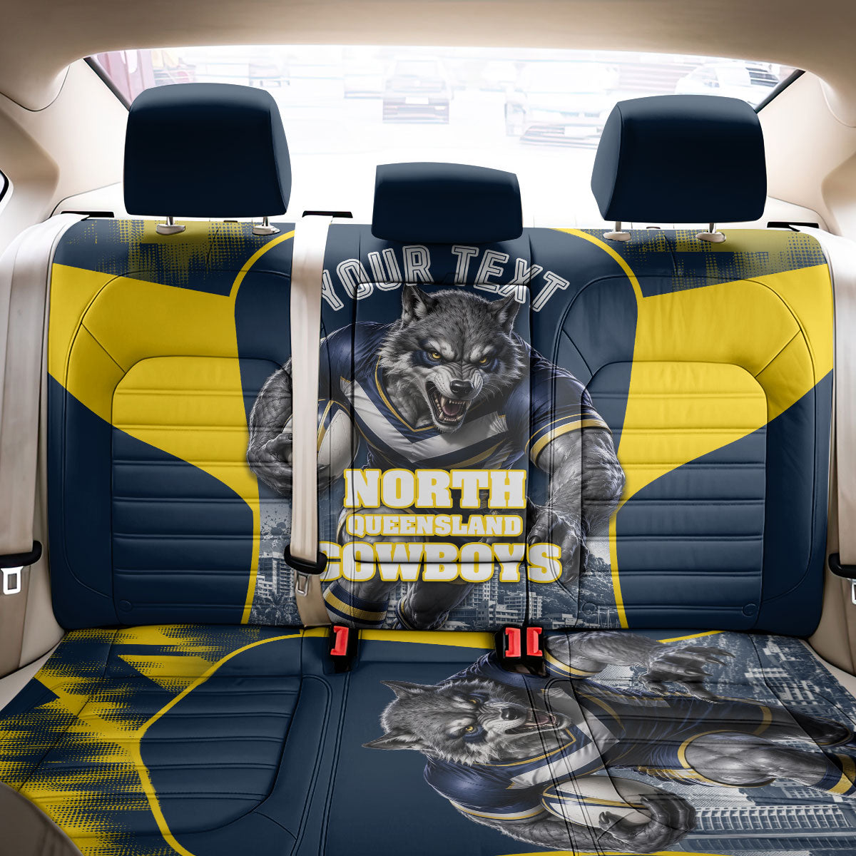 Personalised North Queensland Cowboys Mascot Rugby Back Car Seat Cover Townsville Cityscape Athletic Graphic Print