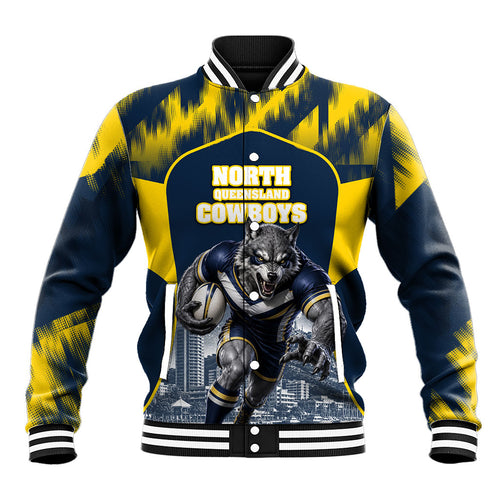 Personalised North Queensland Cowboys Mascot Rugby Baseball Jacket Townsville Cityscape Athletic Graphic Print