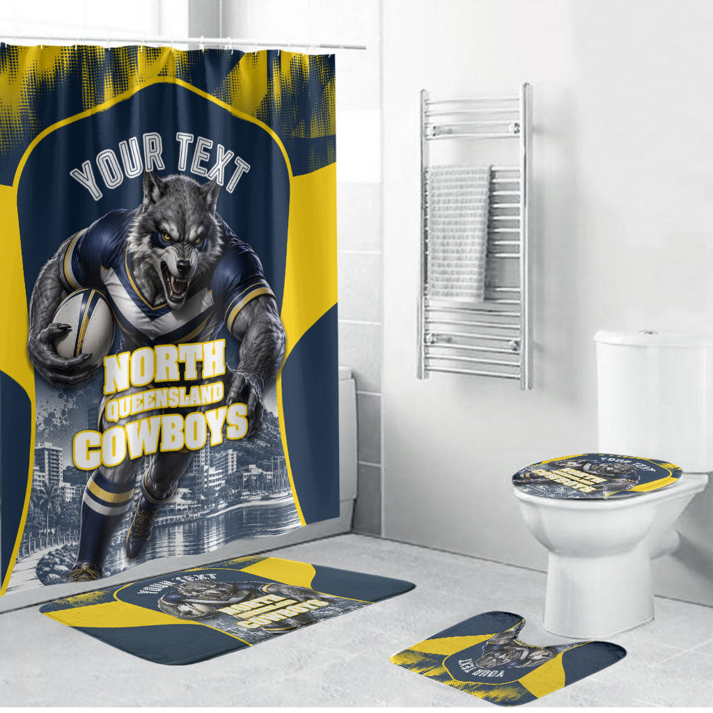Personalised North Queensland Cowboys Mascot Rugby Bathroom Set Townsville Cityscape Athletic Graphic Print