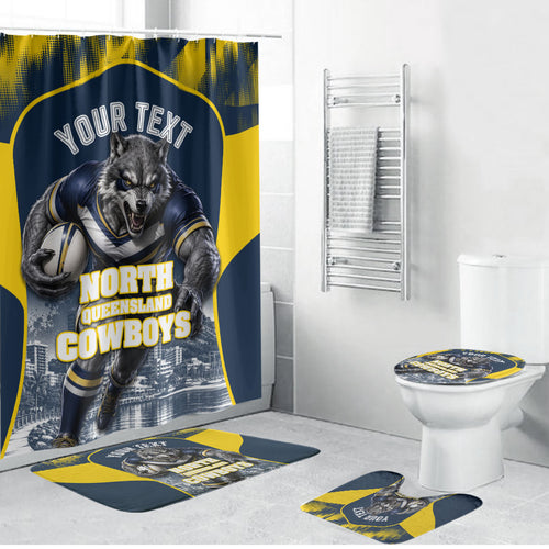 Personalised North Queensland Cowboys Mascot Rugby Bathroom Set Townsville Cityscape Athletic Graphic Print