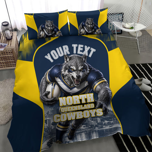 Personalised North Queensland Cowboys Mascot Rugby Bedding Set Townsville Cityscape Athletic Graphic Print