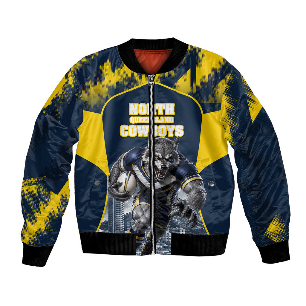 Personalised North Queensland Cowboys Mascot Rugby Bomber Jacket Townsville Cityscape Athletic Graphic Print