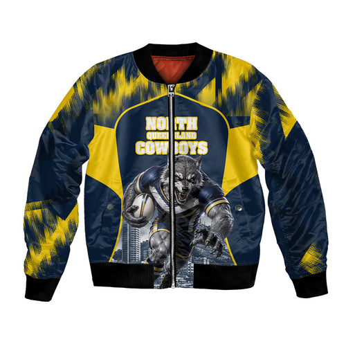 Personalised North Queensland Cowboys Mascot Rugby Bomber Jacket Townsville Cityscape Athletic Graphic Print