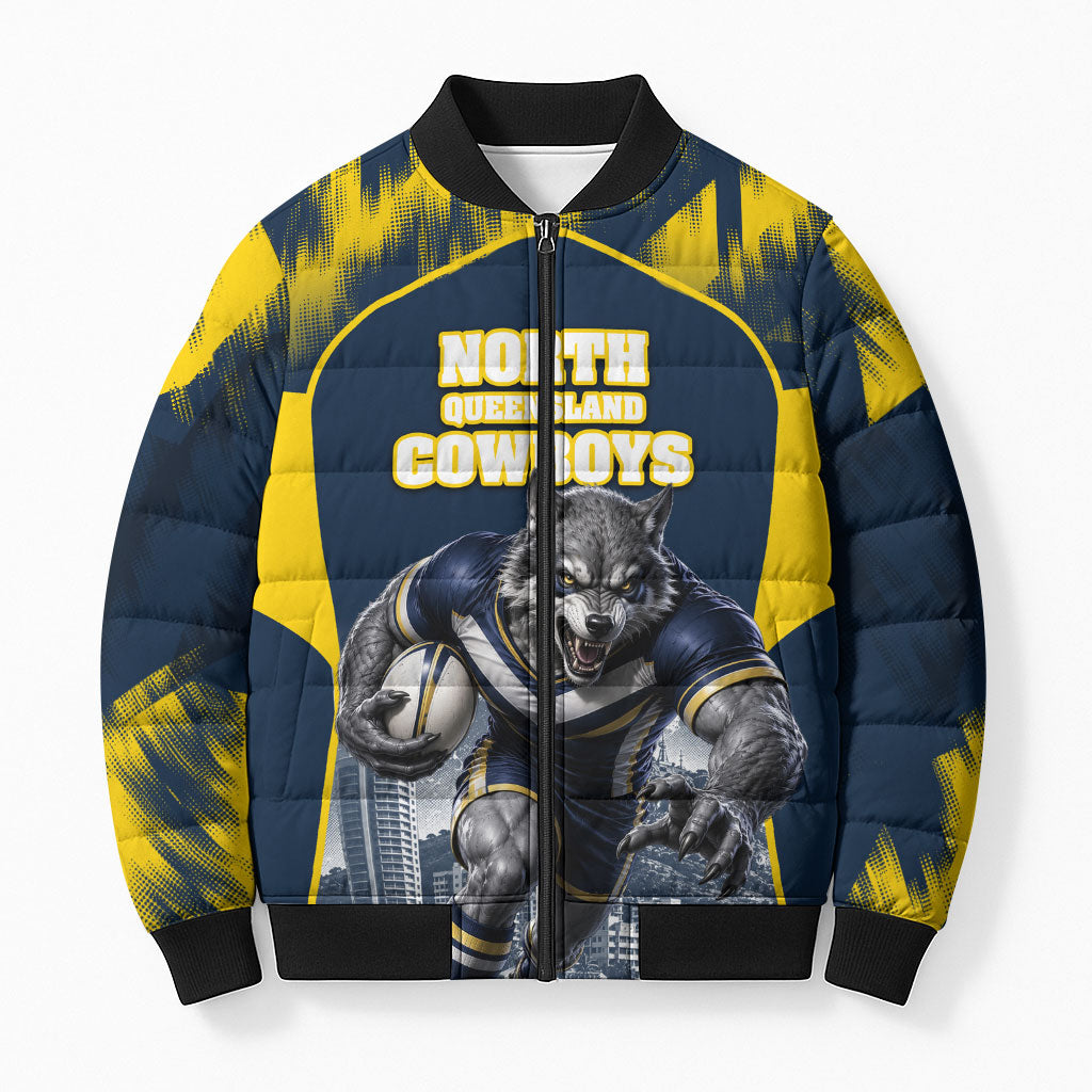 Personalised North Queensland Cowboys Mascot Rugby Bomber Puffer Jacket Townsville Cityscape Athletic Graphic Print