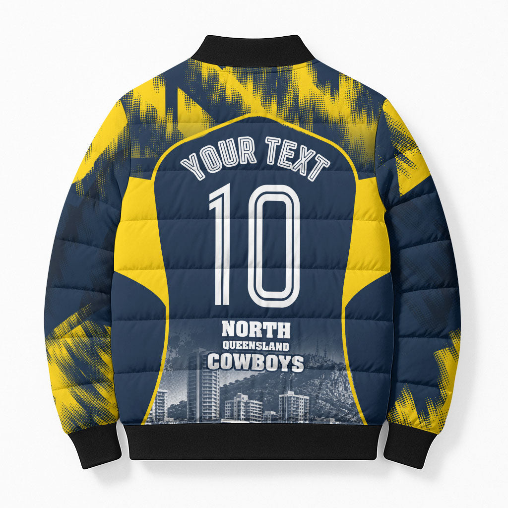 Personalised North Queensland Cowboys Mascot Rugby Bomber Puffer Jacket Townsville Cityscape Athletic Graphic Print