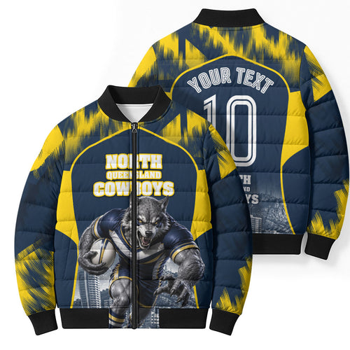 Personalised North Queensland Cowboys Mascot Rugby Bomber Puffer Jacket Townsville Cityscape Athletic Graphic Print