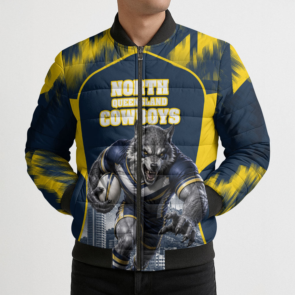 Personalised North Queensland Cowboys Mascot Rugby Bomber Puffer Jacket Townsville Cityscape Athletic Graphic Print
