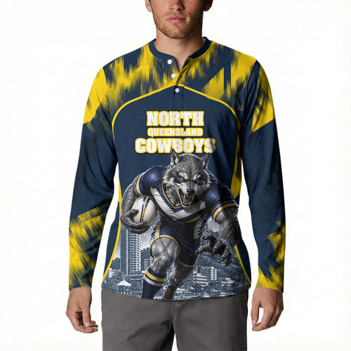 Personalised North Queensland Cowboys Mascot Rugby Button Sweatshirt Townsville Cityscape Athletic Graphic Print