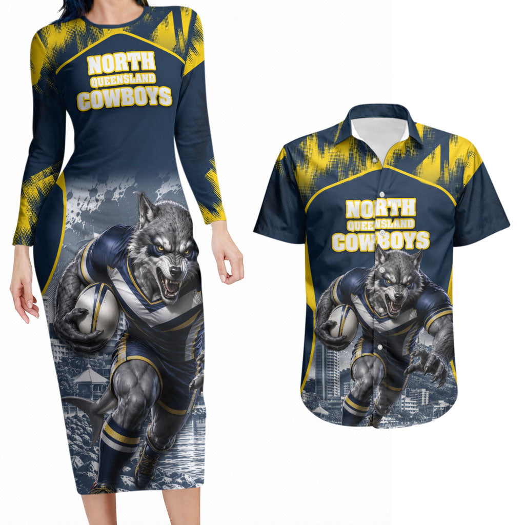 Personalised North Queensland Cowboys Mascot Rugby Couples Matching Long Sleeve Bodycon Dress and Hawaiian Shirt Townsville Cityscape Athletic Graphic Print