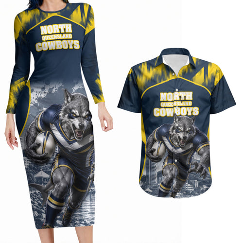 Personalised North Queensland Cowboys Mascot Rugby Couples Matching Long Sleeve Bodycon Dress and Hawaiian Shirt Townsville Cityscape Athletic Graphic Print