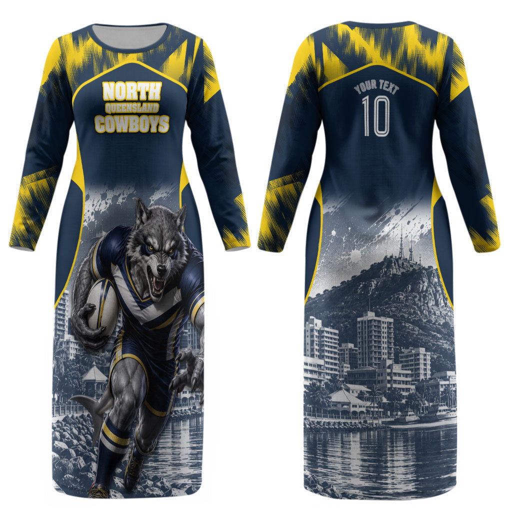 Personalised North Queensland Cowboys Mascot Rugby Couples Matching Long Sleeve Bodycon Dress and Hawaiian Shirt Townsville Cityscape Athletic Graphic Print