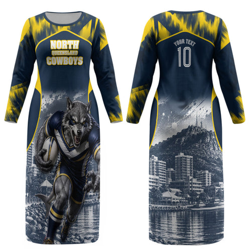 Personalised North Queensland Cowboys Mascot Rugby Couples Matching Long Sleeve Bodycon Dress and Hawaiian Shirt Townsville Cityscape Athletic Graphic Print