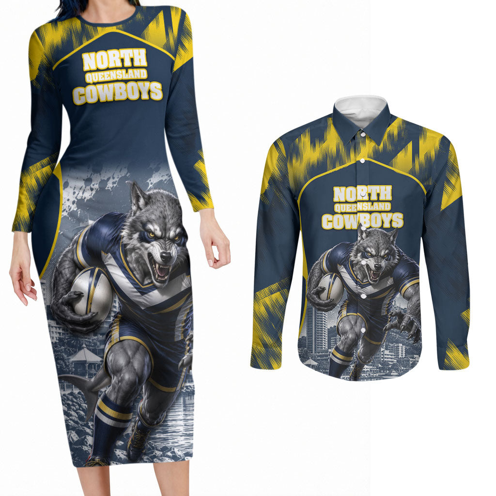 Personalised North Queensland Cowboys Mascot Rugby Couples Matching Long Sleeve Bodycon Dress and Long Sleeve Button Shirt Townsville Cityscape Athletic Graphic Print