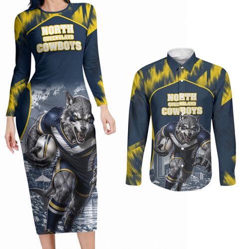 Personalised North Queensland Cowboys Mascot Rugby Couples Matching Long Sleeve Bodycon Dress and Long Sleeve Button Shirt Townsville Cityscape Athletic Graphic Print