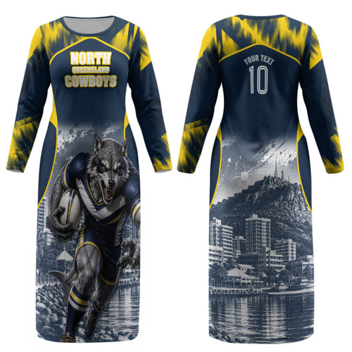 Personalised North Queensland Cowboys Mascot Rugby Couples Matching Long Sleeve Bodycon Dress and Long Sleeve Button Shirt Townsville Cityscape Athletic Graphic Print