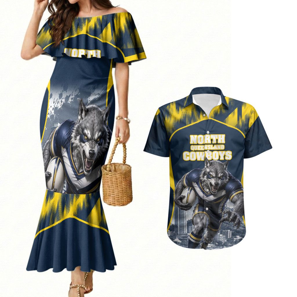 Personalised North Queensland Cowboys Mascot Rugby Couples Matching Mermaid Dress and Hawaiian Shirt Townsville Cityscape Athletic Graphic Print