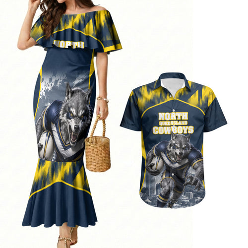 Personalised North Queensland Cowboys Mascot Rugby Couples Matching Mermaid Dress and Hawaiian Shirt Townsville Cityscape Athletic Graphic Print