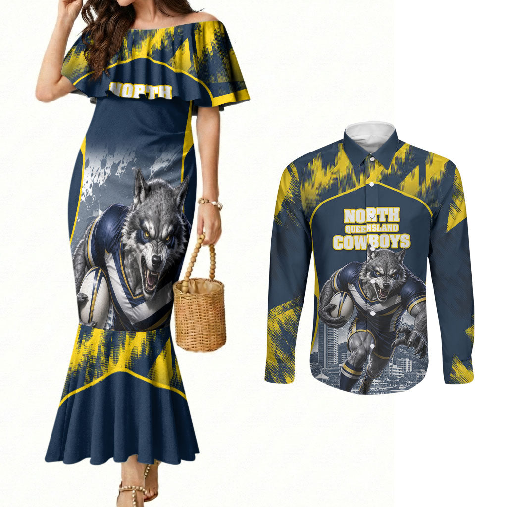 Personalised North Queensland Cowboys Mascot Rugby Couples Matching Mermaid Dress and Long Sleeve Button Shirt Townsville Cityscape Athletic Graphic Print