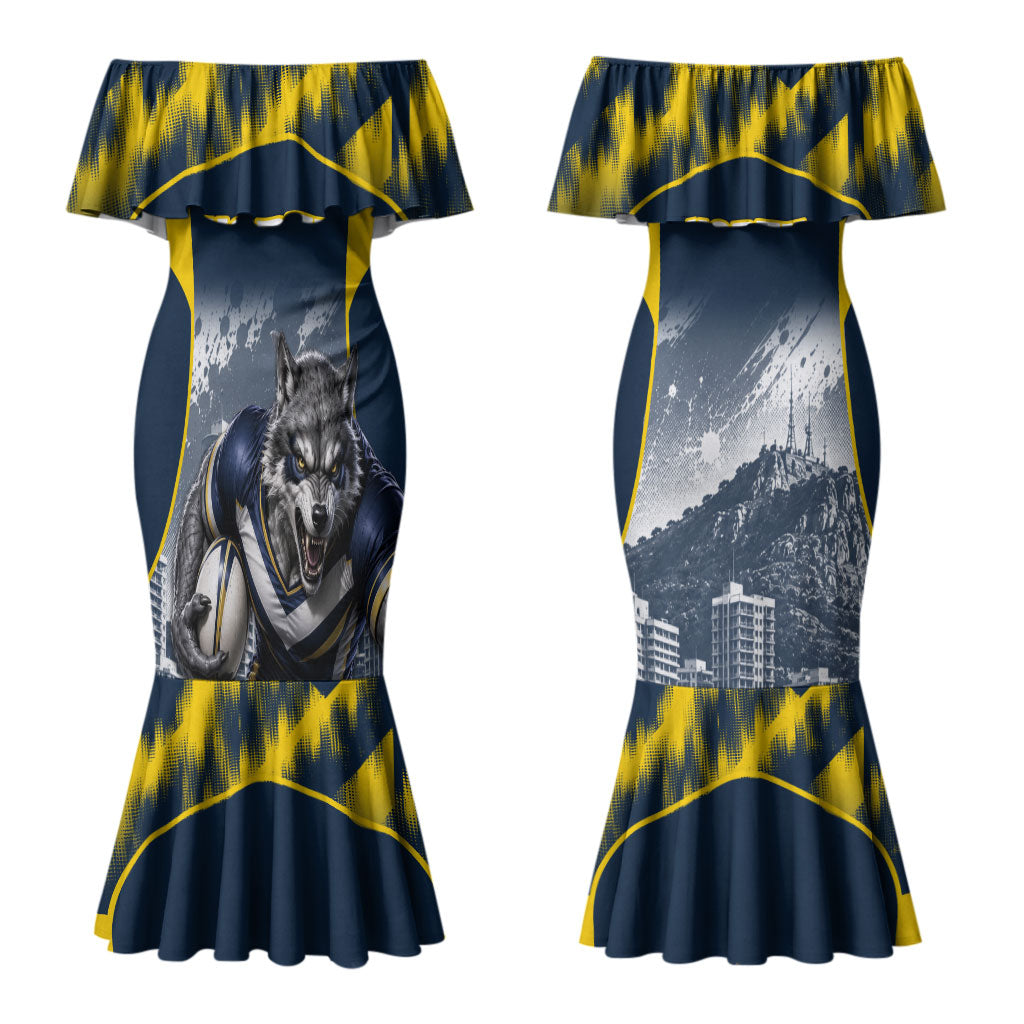 Personalised North Queensland Cowboys Mascot Rugby Couples Matching Mermaid Dress and Long Sleeve Button Shirt Townsville Cityscape Athletic Graphic Print