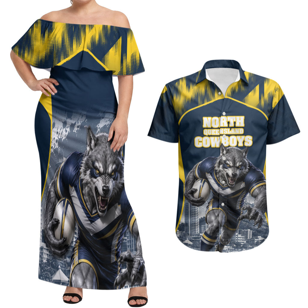 Personalised North Queensland Cowboys Mascot Rugby Couples Matching Off Shoulder Maxi Dress and Hawaiian Shirt Townsville Cityscape Athletic Graphic Print