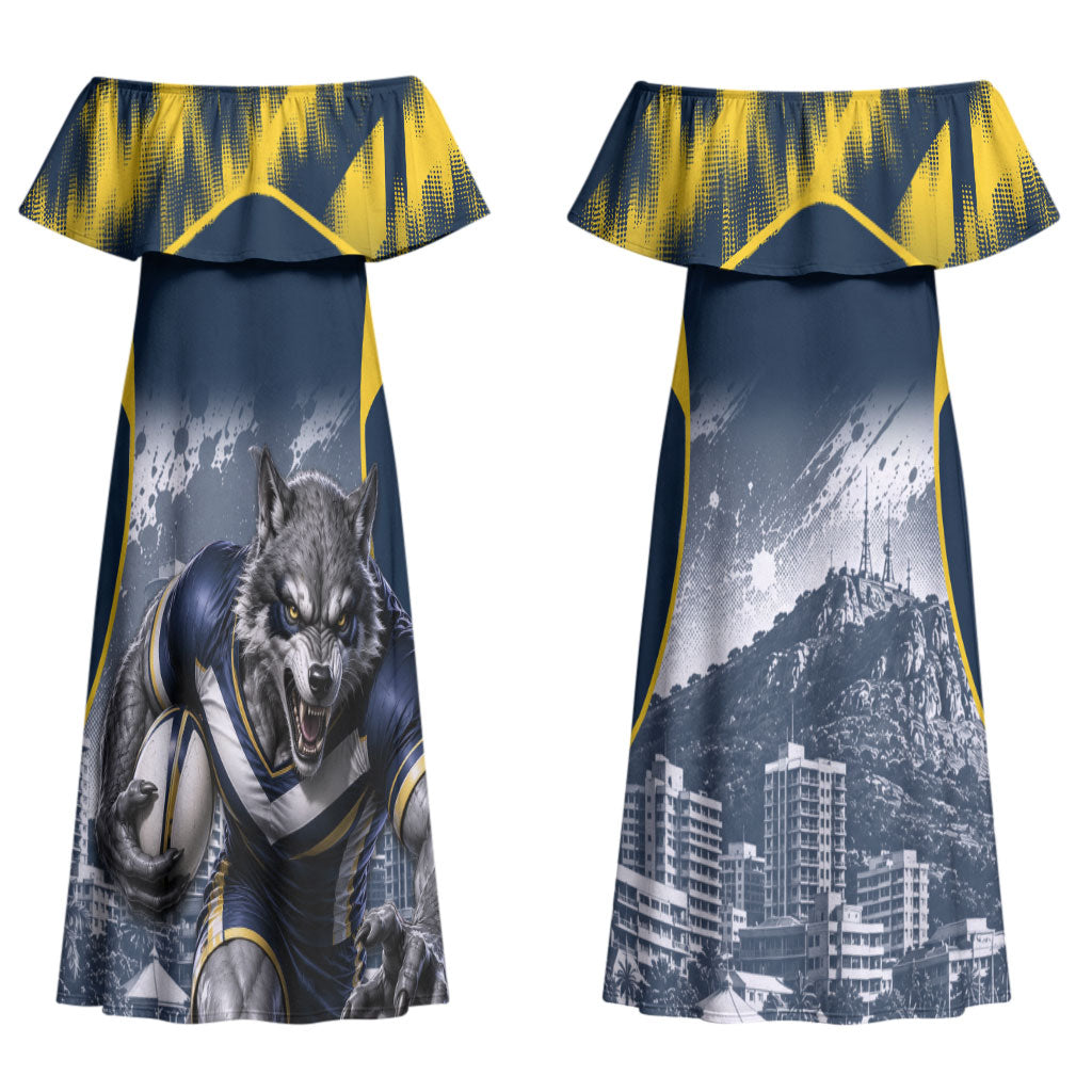 Personalised North Queensland Cowboys Mascot Rugby Couples Matching Off Shoulder Maxi Dress and Hawaiian Shirt Townsville Cityscape Athletic Graphic Print