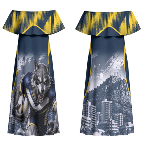 Personalised North Queensland Cowboys Mascot Rugby Couples Matching Off Shoulder Maxi Dress and Hawaiian Shirt Townsville Cityscape Athletic Graphic Print
