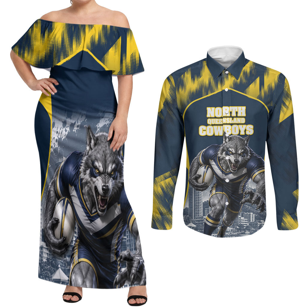 Personalised North Queensland Cowboys Mascot Rugby Couples Matching Off Shoulder Maxi Dress and Long Sleeve Button Shirt Townsville Cityscape Athletic Graphic Print