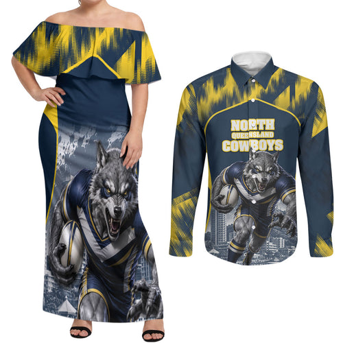 Personalised North Queensland Cowboys Mascot Rugby Couples Matching Off Shoulder Maxi Dress and Long Sleeve Button Shirt Townsville Cityscape Athletic Graphic Print