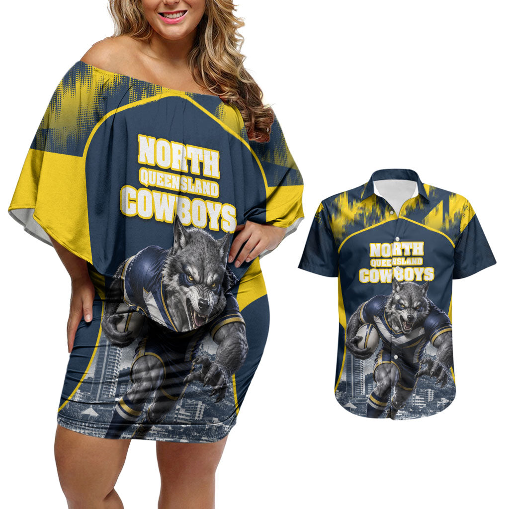 Personalised North Queensland Cowboys Mascot Rugby Couples Matching Off Shoulder Short Dress and Hawaiian Shirt Townsville Cityscape Athletic Graphic Print