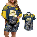 Personalised North Queensland Cowboys Mascot Rugby Couples Matching Off Shoulder Short Dress and Hawaiian Shirt Townsville Cityscape Athletic Graphic Print