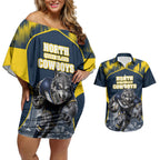 Personalised North Queensland Cowboys Mascot Rugby Couples Matching Off Shoulder Short Dress and Hawaiian Shirt Townsville Cityscape Athletic Graphic Print