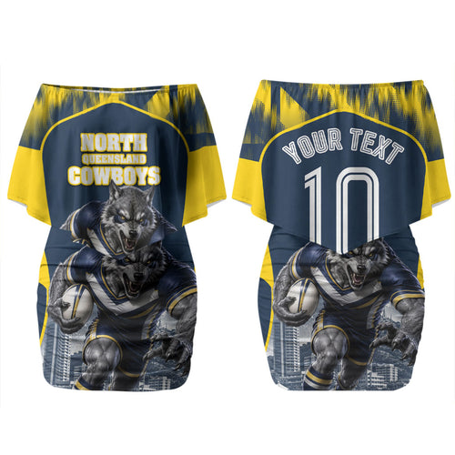 Personalised North Queensland Cowboys Mascot Rugby Couples Matching Off Shoulder Short Dress and Hawaiian Shirt Townsville Cityscape Athletic Graphic Print